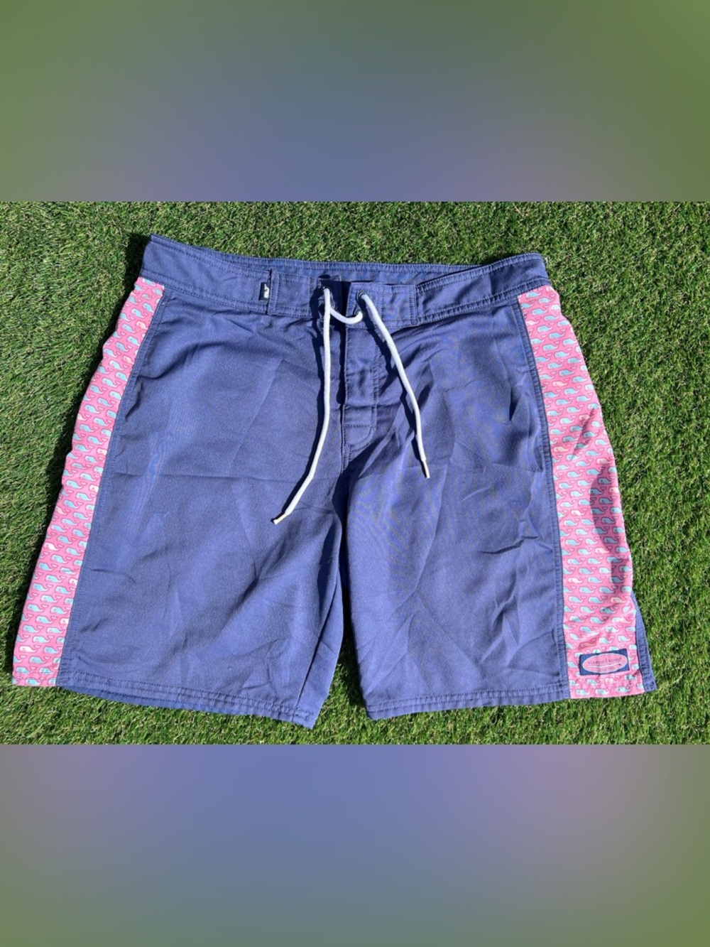 Vineyard Vines Navy Swim Shorts with Pink Patterned Side Panel